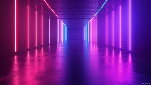 Glowing cyberpunk neon streets, Shimmering neon street lights in futuristic marketplace.