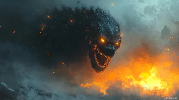 Glowing eyes pierce the darkness as Godzilla marches forward.