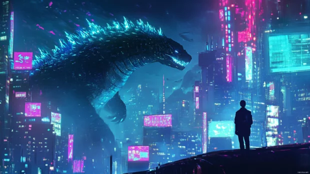 Glowing fins of Godzilla as he watches over a quiet city.