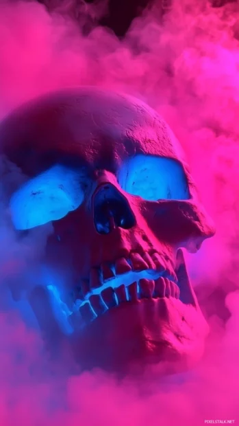 Glowing fog, neon pink skull, blue highlights, colorful glow.