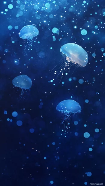 Glowing jellyfish floating gracefully in deep blue water.