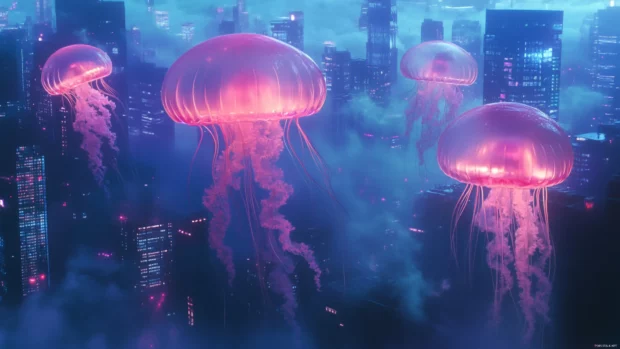 Glowing jellyfish floating in urban skyline mist.