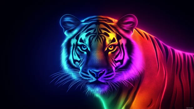Glowing lines of vibrant orange, blue, and green highlight a fierce neon tiger against a dark abstract background, with powerful eyes and detailed fur.