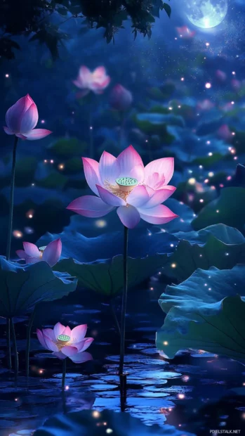 Glowing lotus flowers opening under moonlight.