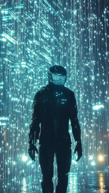 Glowing mask figure walking through digital rain, ideal for stunning cyberpunk phone wallpapers 4K.