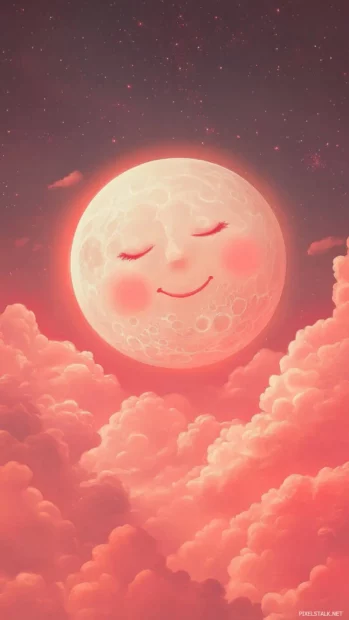 Glowing moon with blushing cheeks floating over a pink sky.