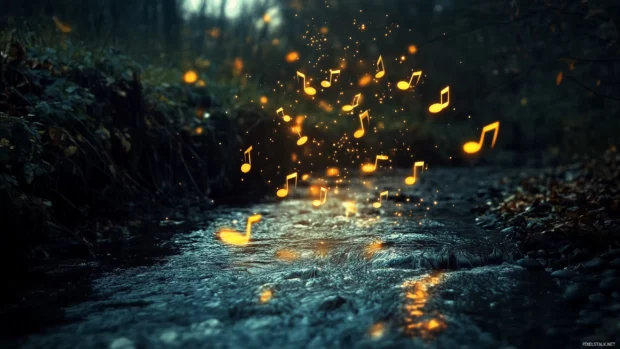 Glowing music notes flow through dreamlike landscape with vibrant colors and soft light.