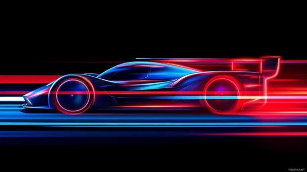 Glowing neon accents of electric blue and red enhance a sleek neon sports car racing down a dark city street with motion blur effects, illuminated by vibrant neon lights.
