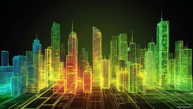 Glowing neon cityscape vibrant skyscrapers futuristic streets, Vector illustration, D art.