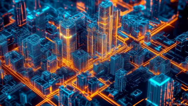 Glowing neon cityscape, vibrant skyscrapers, futuristic streets, vector illustration, D art.