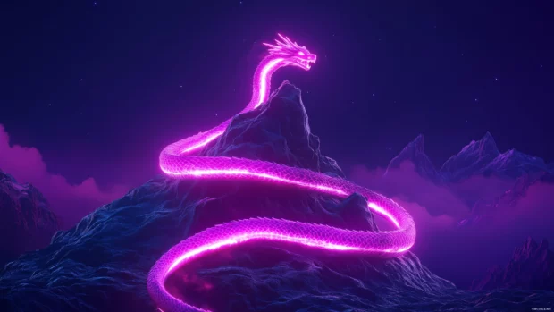 Glowing neon dragon coiled around a mountain peak, illuminating the sky, Vector illustration.