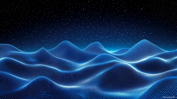 Glowing neon futuristic grid landscape, pulsating light horizon, vector illustration, D art.