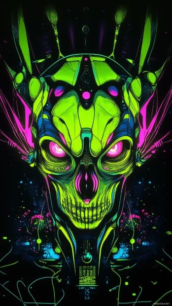 Glowing neon green skull, pink blue accents, intricate linework, black background.