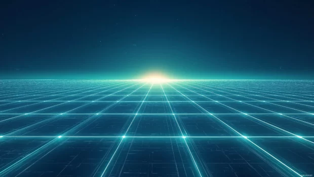 Glowing neon grid, retrowave minimalist style, aqua tones, serene blue backdrop, faint horizon.