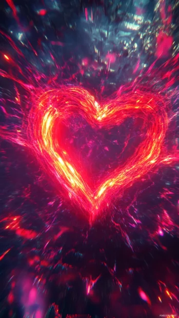 Glowing neon heart pulsing with vivid red light, Red neon heart wallpaper.
