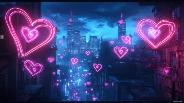 Glowing neon hearts decorating a girly cityscape at night.