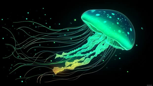 Glowing neon jellyfish swimming through dark ocean.