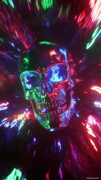 Glowing neon skull in RGB mix, surrounded by light trails and particles, dark setting.