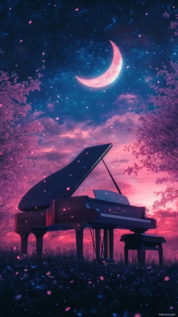 Glowing pastel piano under crescent moon sky.