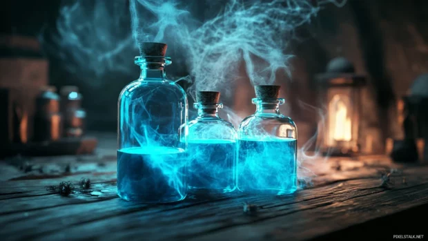 Glowing potion bottles on old wooden table with cobwebs.