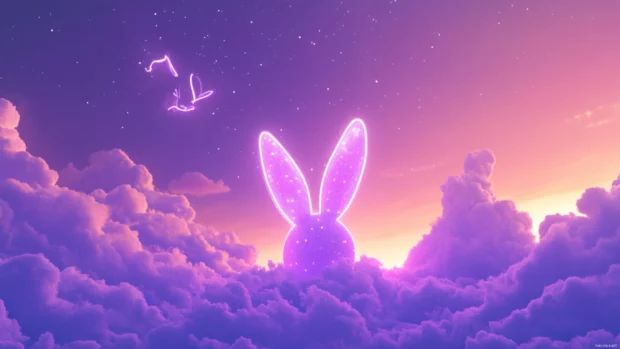 Glowing purple neon bunny ears above pastel clouds.