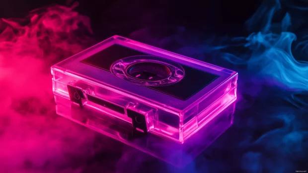 Glowing retro cassette, neon hues, smoky dark background, nostalgic music mood.