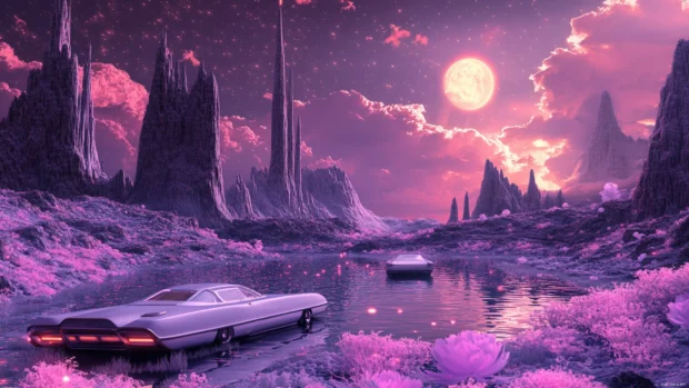 Glowing retro futurism wallpaper in digital vaporwave landscape with retro cars.