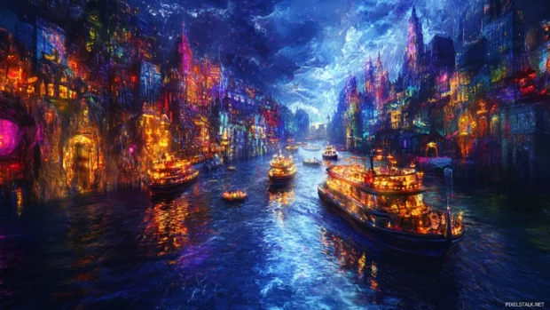 Glowing river with boats cruising through a digital underworld metropolis.