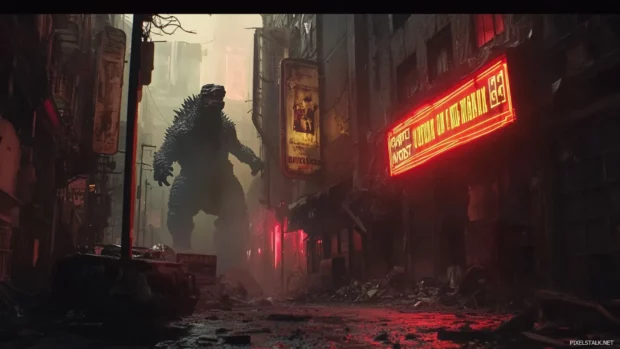 Glowing signs flicker as Godzilla passes through downtown ruins.