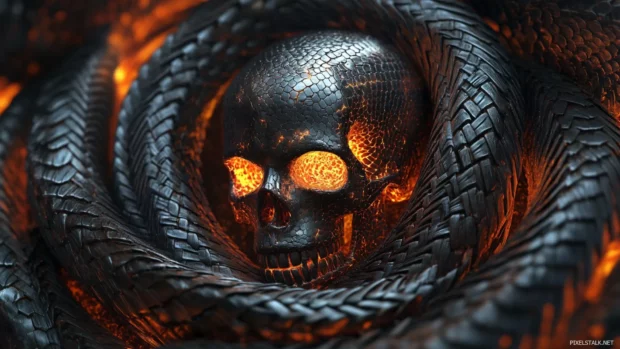 Glowing skull nested within metallic snake coils.