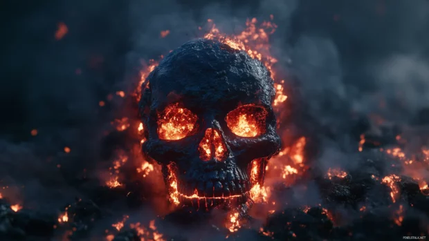 Glowing skull of fire, hollow eyes filled with flame and embers, dark smoky backdrop.