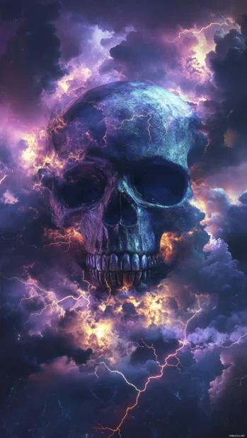 Glowing skull wallpaper 4K surrounded by storm clouds and lightning arcs.