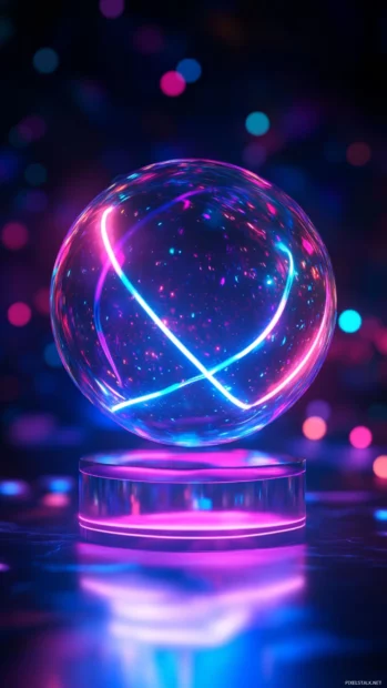 Glowing sphere with rotating neon arcs.
