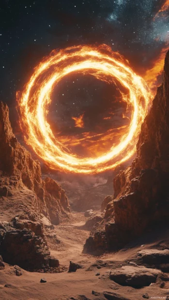 Glowing spiral gate spinning over a deep black desert in surreal trippy atmosphere.