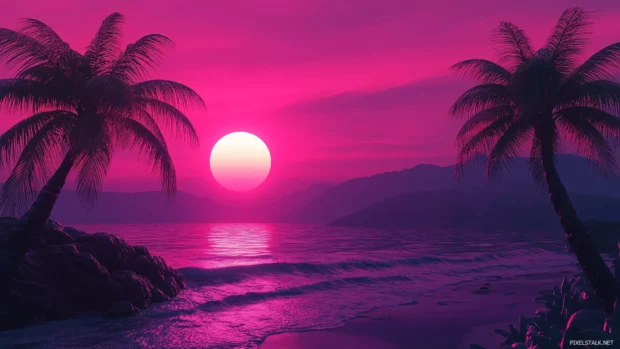 Glowing synthwave beach, neon palm trees, sunset gradient sky, dreamy retro style.
