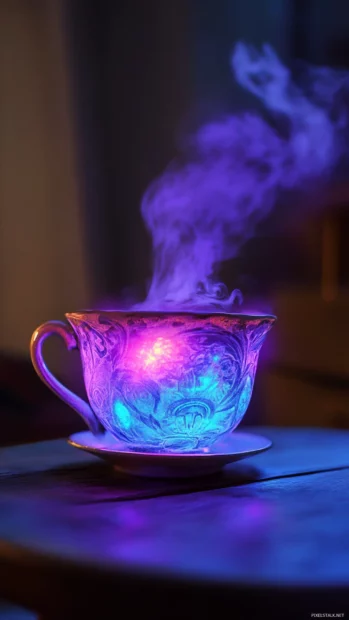 Glowing teacup steaming magical purple neon mist.
