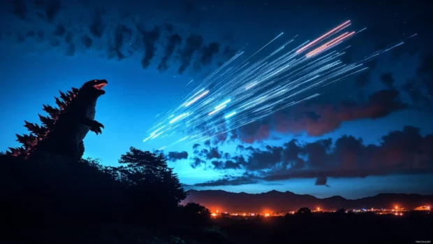 Glowing trails streak through Shin Godzillas silhouette under moonlight.