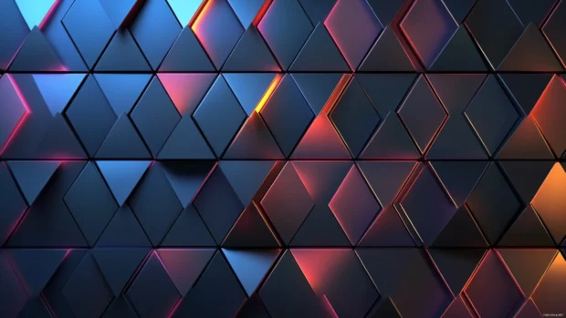 Glowing triangles in layered neon 3D grid powered by 4K neon geometric pattern.