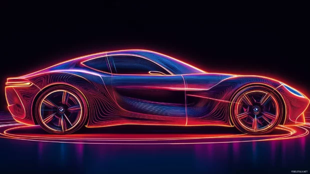 Glowing urban landscape with futuristic neon car, dynamic lighting, glowing patterns on sleek body, bright neon lines contouring, vector art.