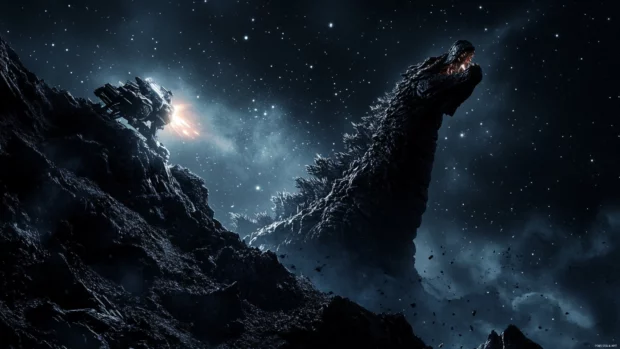 Godzilla 4K desktop wallpapers with Mechagodzilla clash under starry sky.