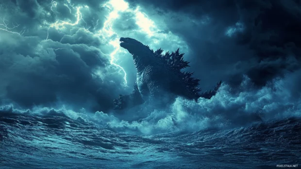 Godzilla HD wallpaper for desktop with a stormy ocean and lightning clash.