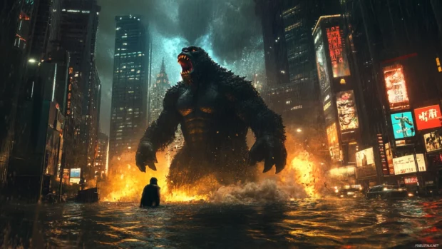 Godzilla and Kong clashing in the middle of a flooded downtown.