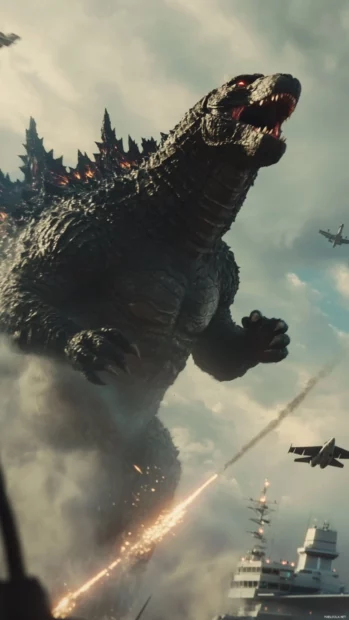 Godzilla and jets locked in chaotic sky pursuit.