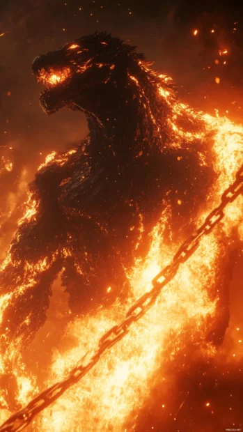 Godzilla burning through chains as lava flows around him.