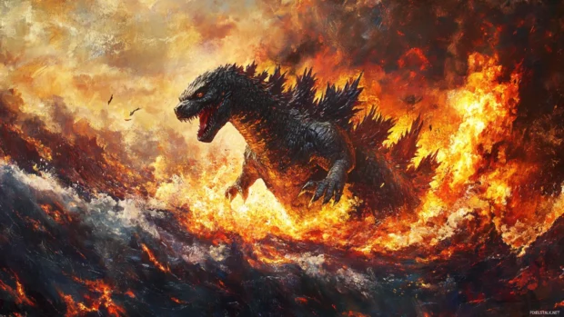 Godzilla bursting from a volcano with fire glowing in the background.