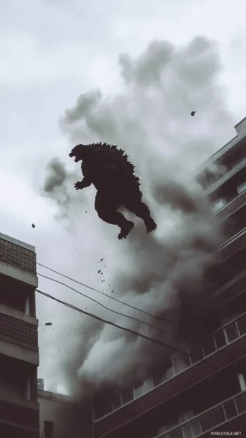 Godzilla caught mid jump across collapsing rooftops.
