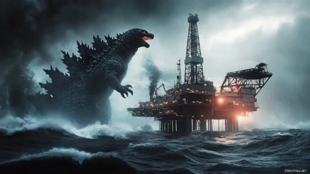 Godzilla circling an oil rig engulfed in dark waves.