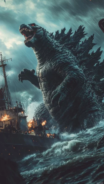 Godzilla climbing onto a destroyed cargo ship in heavy seas.