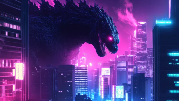 Godzilla emerging from behind skyscrapers lit with emergency lights.