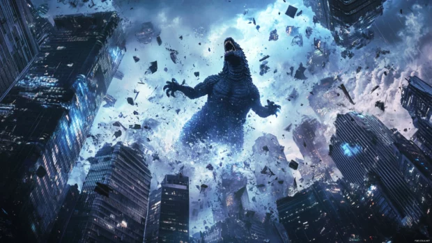 Godzilla emerging from shattered skyscrapers under thunderstorm sky.